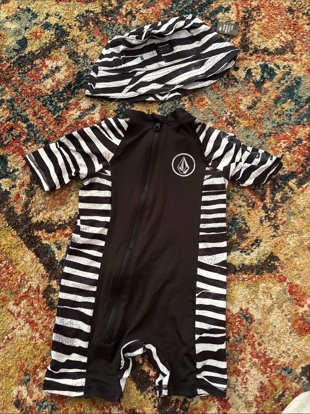Volcom Black & White Zebra Stripe Baby Rash Suit with Matching Hat